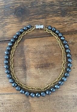 70's Vintage Ladies Necklace Grey Black Jet Beads Gold Chain