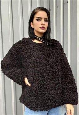 Drop shoulder wide fleece sweater fake fur top in black