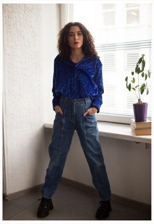 VINTAGE 90'S BRIGHT BLUE PATTERNED VELVET SHIRT