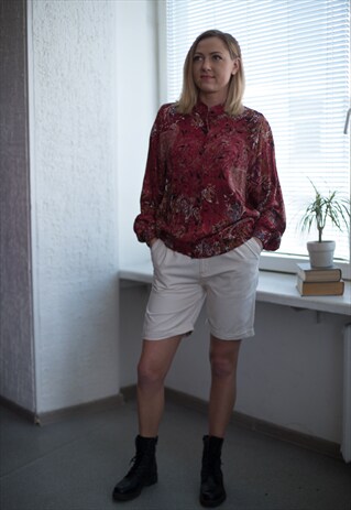 VINTAGE 80'S BURGUNDY PATTERNED BOMBER STYLE BLOUSE