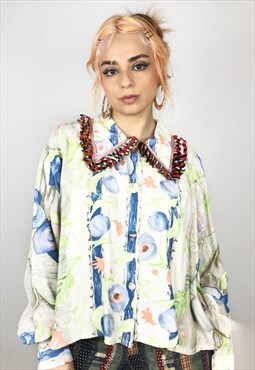Upcycled Reworked Blouse In Abstract Lime And Blood Orange