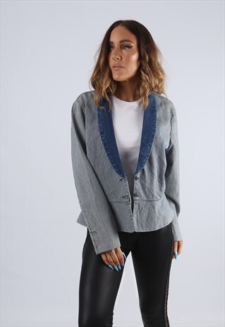 VINTAGE STRIPED FITTED DENIM BLAZER JACKET UK 16 XL (EJ2Q)