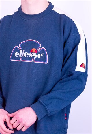 VINTAGE ELLESSE SPELL OUT LOGO SWEATSHIRT IN BLUE MEDIUM