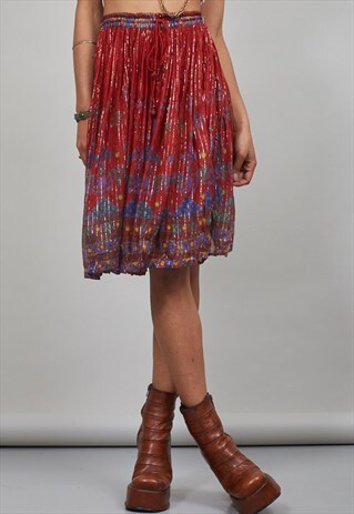 70'S VINTAGE MINI RED FESTIVAL MIDI INDIAN SKIRT