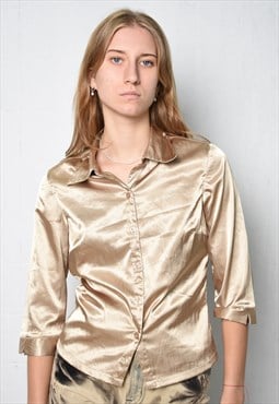 Vintage Y2K 00s Sexy bronze satin shirt blouse top