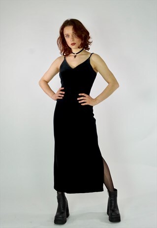VINTAGE BLACK VELVET 90S BLACK RHINESTONE STRAPPY DRESS