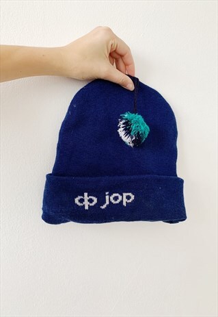 VINTAGE 80S SPORTS JOP LOGO KNIT SKI HAT BEANIE BLUE UNISEX
