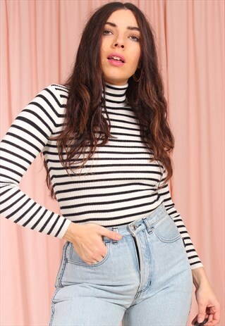 VINTAGE 90S TURTLE NECK JUMPER IN BRETON STRIPE