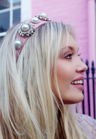 PINK LARGE FAUX PEARL HEADBAND CRYSTAL STAR EMBELLISHMENTS