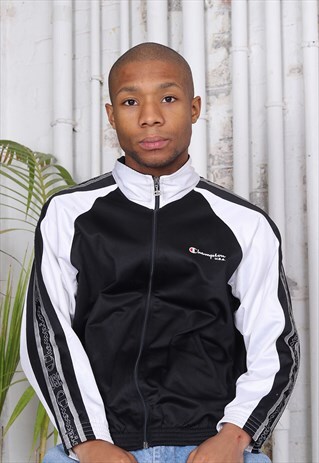 VINTAGE CHAMPION TAPE LOGO TRACK JACKET BLACK WHITE