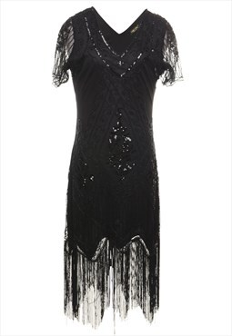 Vintage Black 1920s Style Fringed Party Dress - M