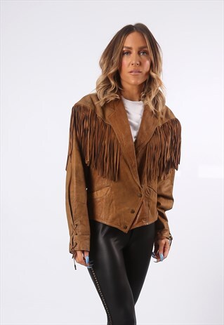 TASSEL FRINGE JACKET SUEDE BOHEMIAN 90'S UK 12 (BE9B)