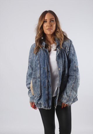 VINTAGE DENIM BOMBER JACKET OVERSIZED ACID WASH UK 16 (A8BH)