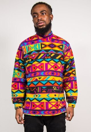 VINTAGE 90'S RAINBOW AZTEC STRIPE FUNNEL NECK FLEECE JUMPER