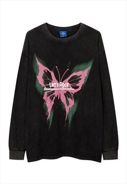 Butterfly print long sleeve t-shirt grunge top in black