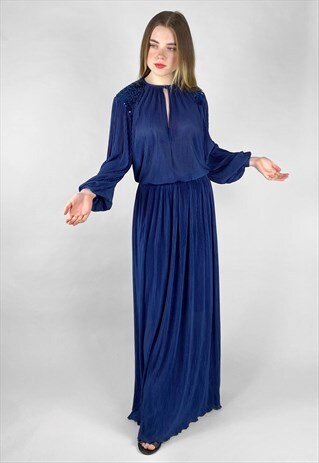 70'S BLUE PLEATED SEQUIN PANEL VINTAGE LADIES MAXI DRESS