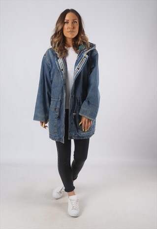 VINTAGE DENIM JACKET LONGLINE LINED HOODED UK 10 SMALL (LB3J