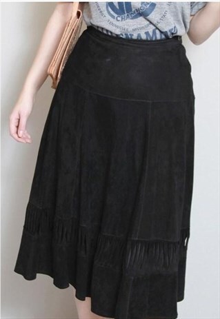 VINTAGE 1980'S BLACK CUT OUT DETAIL SOFT SUEDE MIDI SKIRT