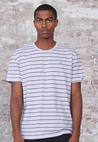 VINTAGE ADIDAS LOGO STRIPED T-SHIRT GREY BLUE