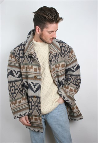 VINTAGE AZTEC INCA PATTERNED GREY WINTER JACKET