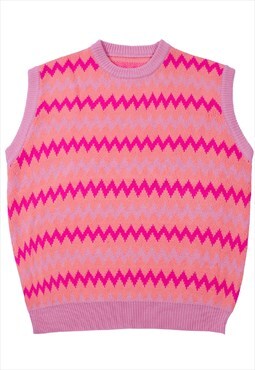 Zigzag sleeveless sweater stripe pattern sleeveless top pink