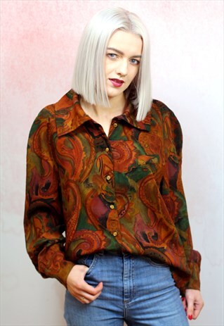 1980S VINTAGE BURNT ORANGE PAISLEY BUTTON UP BLOUSE