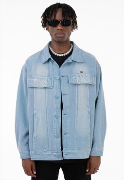 Acid wash denim jacket jean bomber in tie-dye pastel blue