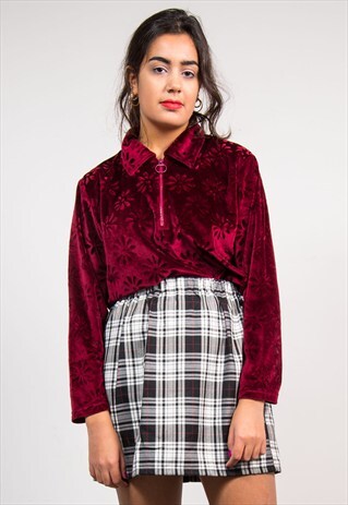 90'S VINTAGE DEEP RED ZIP NECK FLORAL VELVET TOP