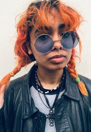 VINTAGE 90S GOLD LENNON ROUND SUNGLASSES WITH BLUE LENSES