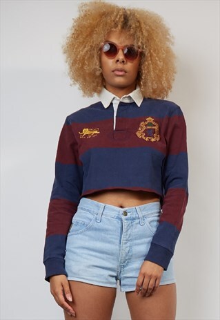 VINTAGE 90'S BURGUNDY/NAVY STRIPE CROP POLO TOP IN COTTON FA