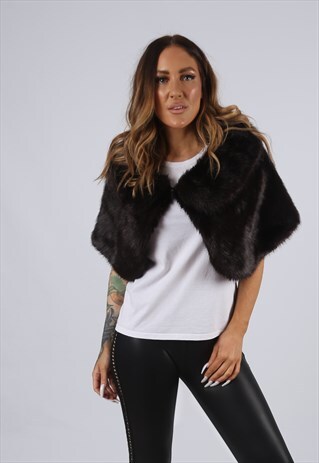 VINTAGE FAUX FUR SHRUG SHAWL JACKET UK 10 - 12 (CJ3Q)