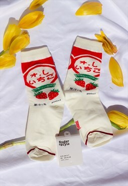 Japanese Text Strawberry Socks