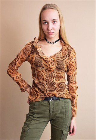 90'S RETRO KITSCH FLORAL PRINT SHEER SHIMMER MESH PARTY TOP