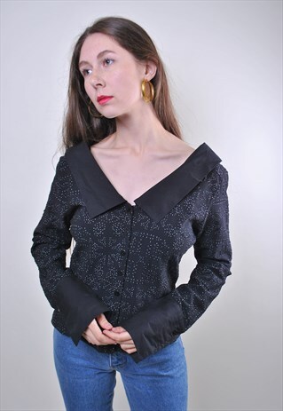 90S BLACK WOMEN VINTAGE FRANCE BLOUSE WITH EMBROIDERY