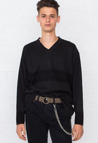 VINTAGE BLACK HUGO BOSS V-NECK KNIT JUMPER