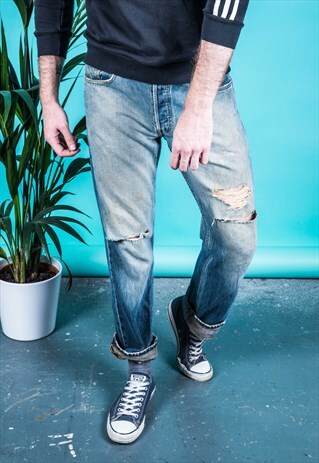VINTAGE LEVI'S 501 JEANS IN BLUE WITH RIPS AND PAINT MARKS