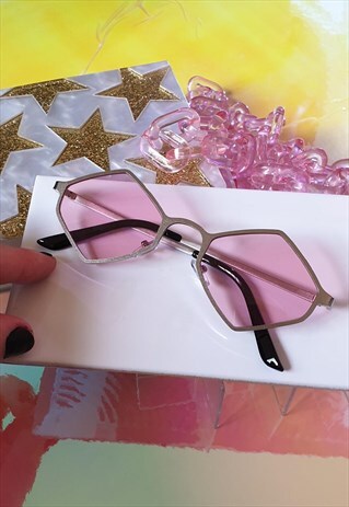 SILVER HEXAGON SUNGLASSES WITH PINK TINTED LENSES