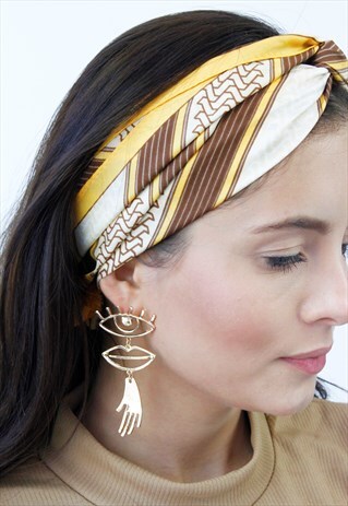 GOLD EYE LIPS HANDS DROP EARRINGS