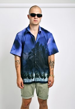 Hawaiian 90s pattern button shirt men vintage printed palm