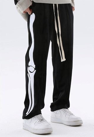 VELOUR JOGGERS SKELETON PATCH LONG LACE PANTS IN BLACK