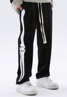Velour joggers skeleton patch long lace pants in black