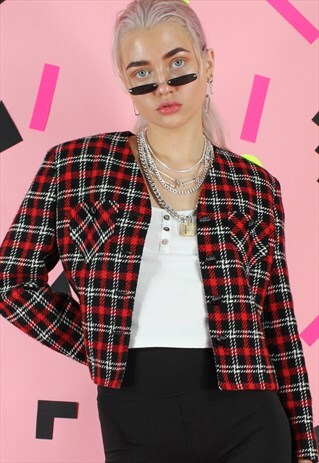 VINTAGE 90S BLAZER Y2K RED & BLACK TARTAN CHECK CROPPED