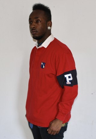 VINTAGE RED POLO RALPH LAUREN PATCH RUGBY TOP SMALL