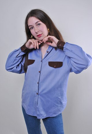 CORDUROY POCKETS WOMAN BLUE MINIMALIST BLOUSE FOR WORK