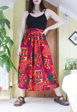 Vintage 90s red abstract print midi skirt high waisted