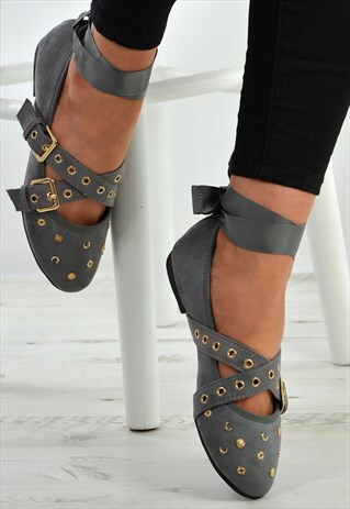 GREY ANKLE WRAP FLAT BALLERINA SHOES SIZES UK