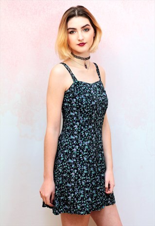 1990S VINTAGE TORQUOISE AND PURPLE FLORAL MINI DRESS