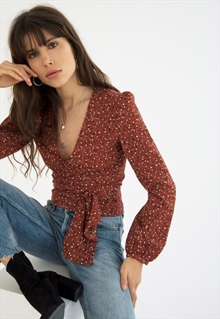 HESTIA RUST PRINTED WRAP BLOUSE