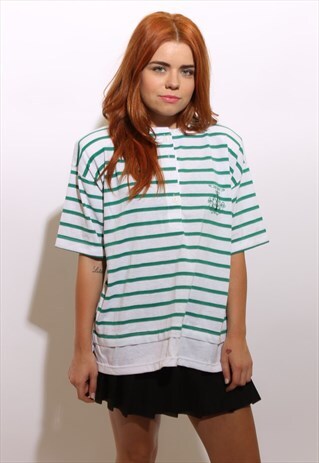 VINTAGE 1980'S 80'S DEADSTOCK STRIPED TEAL WHITE SHIRT L-XL
