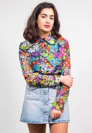 70'S VINTAGE MULTICOLOUR FLORAL PATTERN SHEER SHIRT BLOUSE